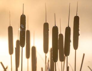 Cattails are backlit by a hazy, golden light, creating an ethereal and warm atmosphere