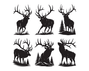Elk in forest with antlers vector silhouette illustration design set collection, hunting theme elk, elk in trees vector design, wild elk standing illustration, 