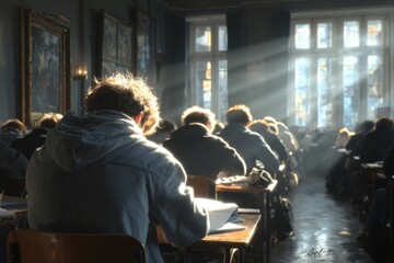 concentrated pupils writing exams individually. Generative AI