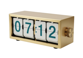 Isolated tabletop flip clock showing the time 0712 AM vintage style home decoration object
