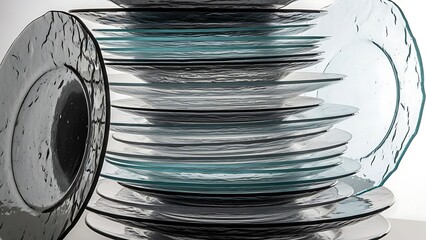 Stack of decorative glass plates with textured rims.