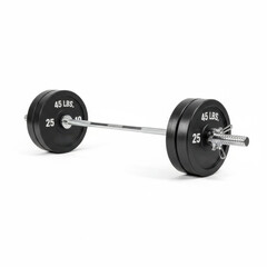Black metal barbell with weight plates on white background, symbol of strength, endurance, and fitness training. Concept of powerlifting, gym equipment, healthy lifestyle, and motivation for workout o