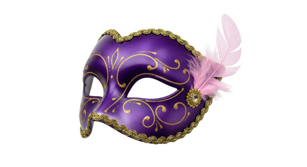 Isolated Purple Mardi Gras Mask with Pink Feather Ornament on the Side, Traditional Accessory