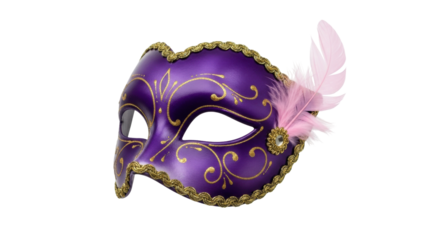 Isolated Purple Mardi Gras Mask with Pink Feather Ornament on the Side, Traditional Accessory