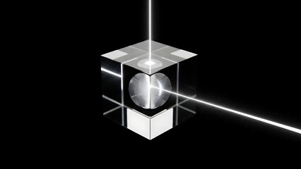 Laser beams intersecting a sphere inside a glass cube on a black background.