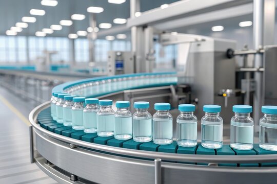Efficient pharmaceutical production line filling vials with blue liquid on a modern conveyor belt, ensuring quality control and precision in a sterile environment