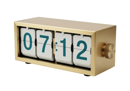 Isolated tabletop flip clock showing the time 0712 AM vintage style home decoration object