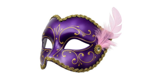 Isolated Purple Mardi Gras Mask with Pink Feather Ornament on the Side, Traditional Accessory