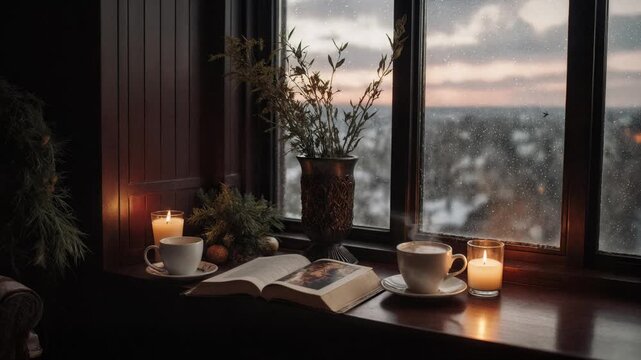 Cozy room with candle, book and coffee cup with steam on the desk. Snowflakes falling outside the window. Loop animation video, zoom backgrounds. Relax calmness and tranquil study warming atmosphere.