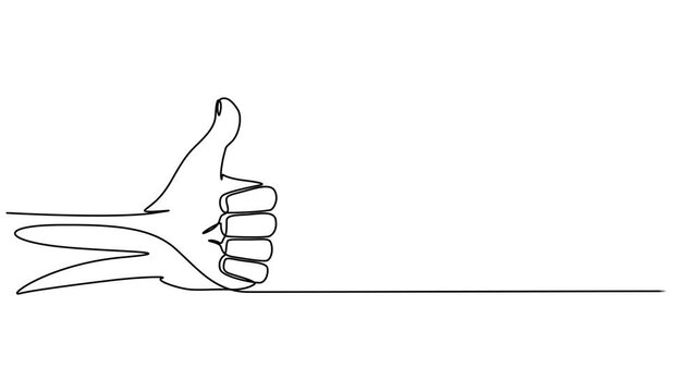 Animated self drawing of continuous line draw of hand thumb up. Full length one line animation. 4K, Animation of continuous one line drawing hand showing thumbs up sign. Full length motion, Self draw