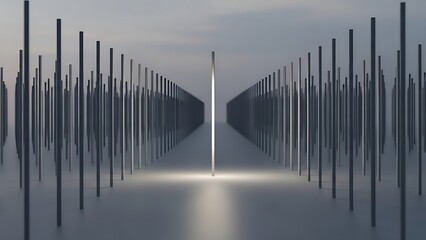 Abstract perspective of vertical poles with light in the center.