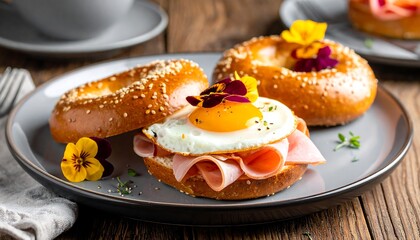 Breakfast plate featuring bagels topped with ham, egg, and pansies on weathered wood table in natural light