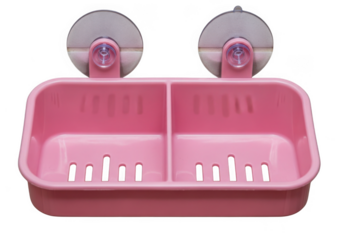Pink double compartment soap dish with suction cups isolated on transparent background