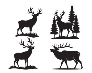 Elk in forest with antlers vector silhouette illustration design set collection, hunting theme elk, elk in trees vector design, wild elk standing illustration, 