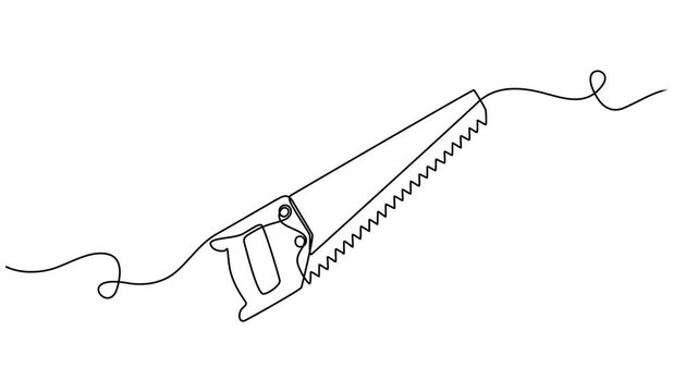 Wood Saw with Wooden Handle continuous one line drawing animation, Hacksaw, wood saw, carpentry tools one line art. Continuous line drawing of repair, professional, hand, people, concept, support