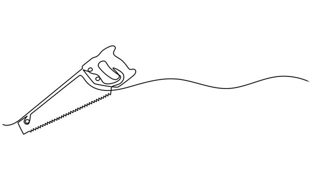Wood Saw with Wooden Handle continuous one line drawing animation, Hacksaw, wood saw, carpentry tools one line art. Continuous line drawing of repair, professional, hand, people, concept, support