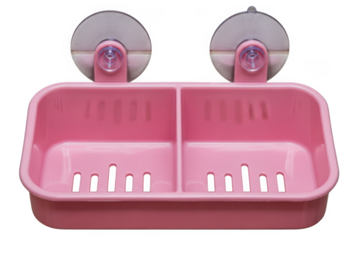 Pink double compartment soap dish with suction cups isolated on transparent background