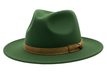 Isolated fedora style hat in forest green with a brown ribbon, trendy accessory, object