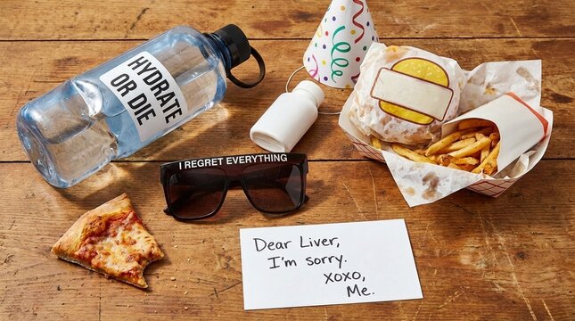 Post-party regret: Fast food, pizza, hydration, and humorous apology note to liver.