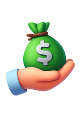 Cartoon hand holding a green money bag with dollar symbol