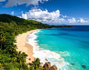A vibrant, tropical beach scene, featuring turquoise water and lush green foliage under a blue sky with puffy clouds