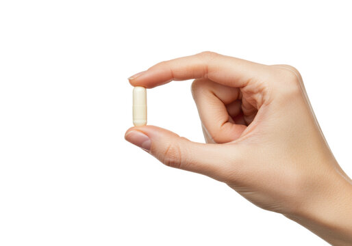 Adult fair-skinned female hand with pink nails delicately holding a single off-white pharmaceutical capsule on a bright white studio background with copy space, concept of medicine and wellness