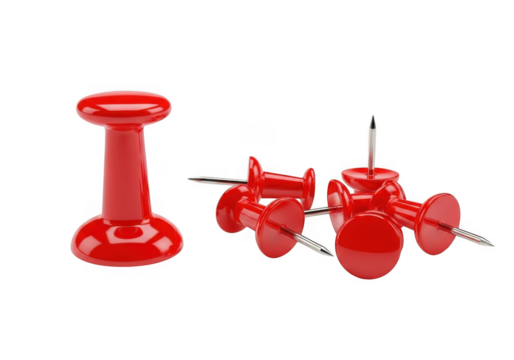 Several shiny red push pins with sharp metal points isolated on transparent background
