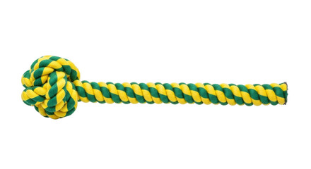 Isolated knotted rope toy with green and yellow twist for dogs, pets, or animals