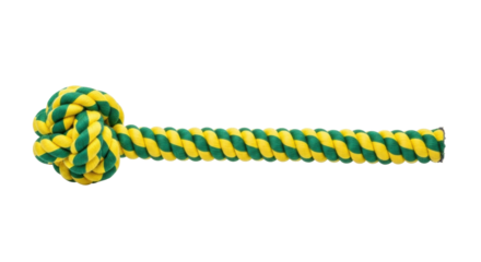 Isolated knotted rope toy with green and yellow twist for dogs, pets, or animals
