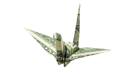 Isolated folded paper money bird, dollar bill origami art, novelty design, US currency artwork