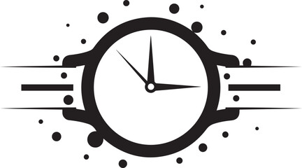 Black and white graphic illustration of a wristwatch with radiating dots and abstract band elements