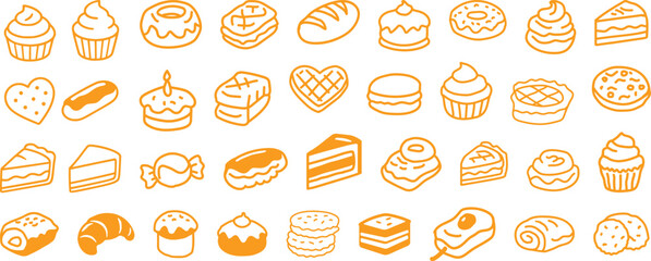 Hand-Drawn Bakery and Dessert Icons in Orange