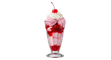 Isolated Strawberry Ice Cream Sundae in a Footed Glass Dessert Dish, Cherry on Top