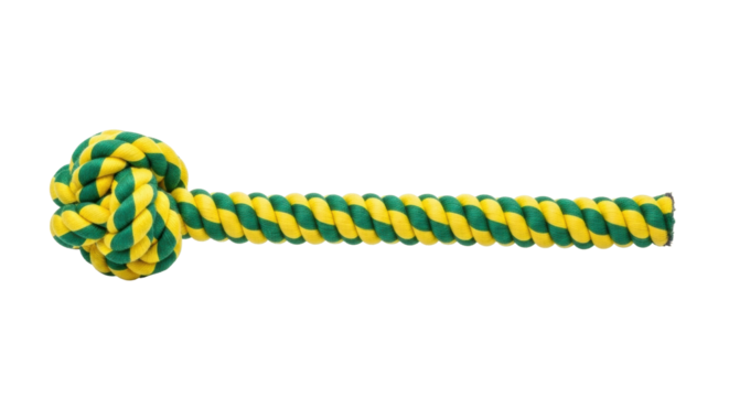 Isolated knotted rope toy with green and yellow twist for dogs, pets, or animals