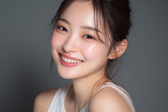 透明感ある美しい美肌の笑顔の日本人女性美人モデルの接写写真。スキンケア、コスメ、ビューティーケア広告用