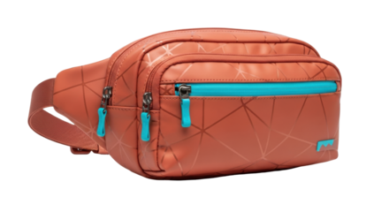 Isolated trendy textured brown fanny pack with blue zipper isolated against solid backdrop