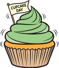 Cartoon cupcake with green frosting and a yellow flag that says Cupcake Day dessert sweet