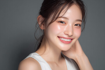 Naklejka premium 透明感ある美しい美肌の笑顔の日本人女性美人モデルの接写写真。スキンケア、コスメ、ビューティーケア広告用
