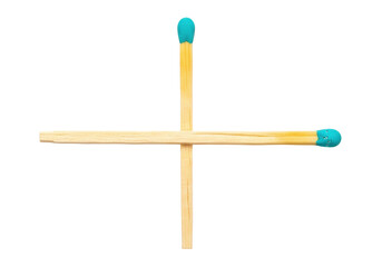 Isolated Cross made of two Matches with colorful Tips, Close up and top View, Bright Light