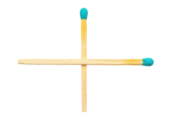 Isolated Cross made of two Matches with colorful Tips, Close up and top View, Bright Light