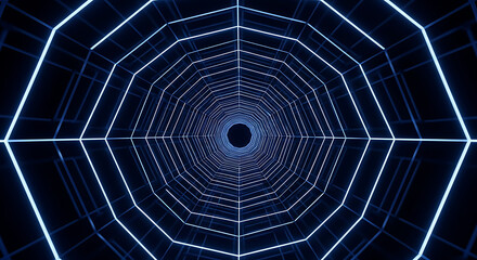Fototapeta premium Abstract blue glowing neon light tunnel with geometric shapes receding, representing data flow, digital connectivity, and futuristic concepts.