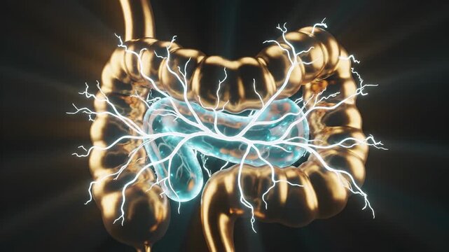 Dynamic 3D animation of the human colon and pancreas with glowing veins, ideal for medical presentations or health education materials