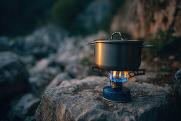 Obraz premium Cooking pot heating up on a gas burner on a rock during an outdoor adventure