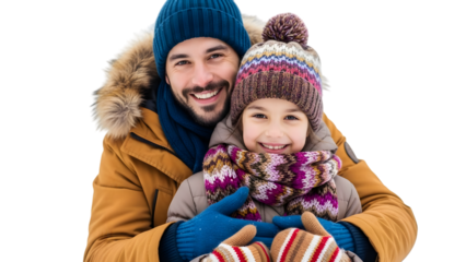 Happy father and daughter in warm winter clothing, smiling cheerfully while embracing, isolated on transparent background