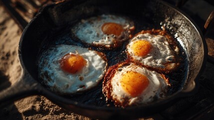 Four fried eggs sizzling in a rustic cast iron pan, preparing a simple outdoor breakfast
