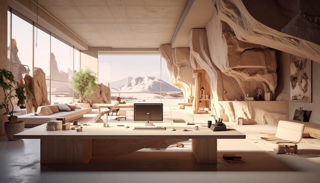 "Minimalist desert cave office with wooden desk, panoramic window, and natural rock architecture"