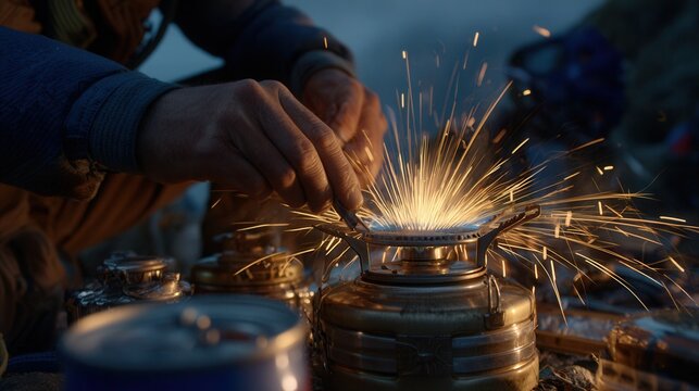 Person's hands igniting a portable camping stove with sparks flying in a dark outdoor setting
