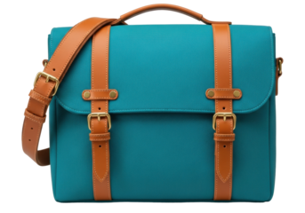 Isolated blue camera messenger bag with brown leather straps, ready for travel and photography