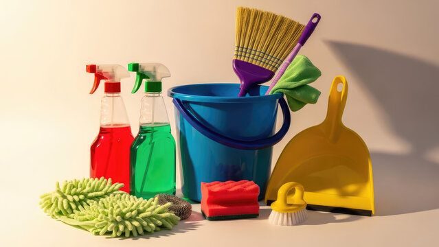 Everything you need for a spotless home, vibrant cleaning supplies for spring cleaning, professional grade cleaning tools for a sparkling clean home, housekeeping essentials