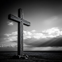 Fototapeta premium A weathered wooden cross stands against a dramatic sky.